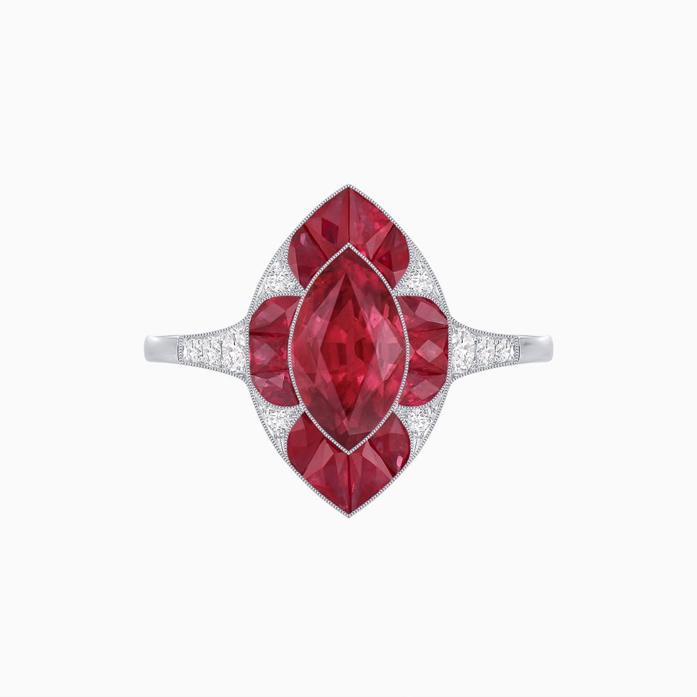 Art Deco Inspired Marquise Cut Calibré Gemstone Halo Ring - Shahin Jewelry