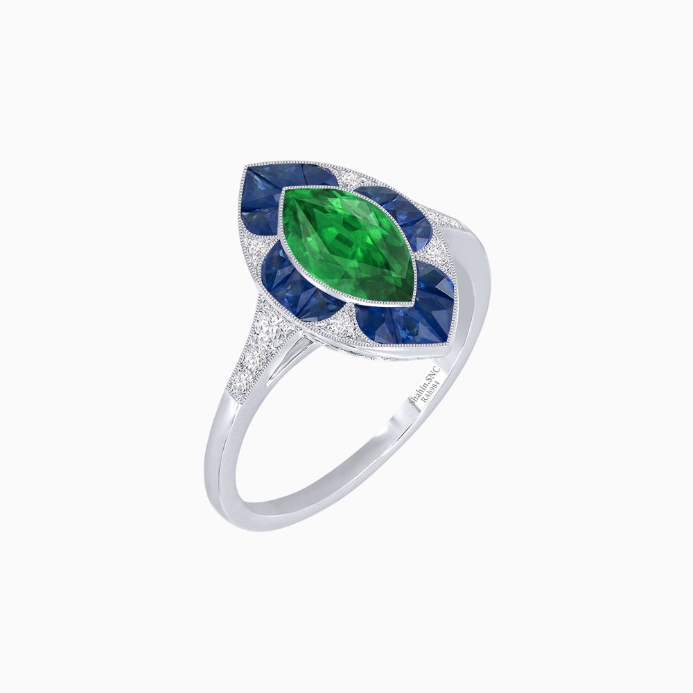 Art Deco Inspired Marquise Cut Calibré Gemstone Halo Ring - Shahin Jewelry