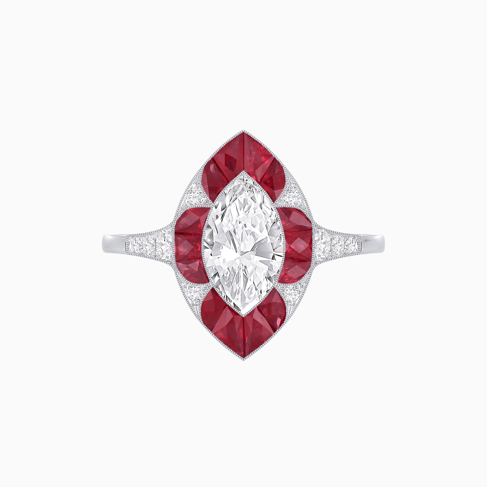 Art Deco Inspired Marquise Cut Calibré Gemstone Halo Ring - Shahin Jewelry