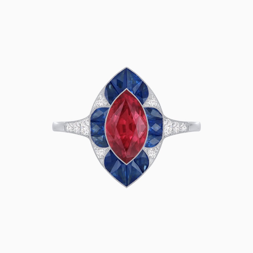 Art Deco Inspired Marquise Cut Calibré Gemstone Halo Ring - Shahin Jewelry
