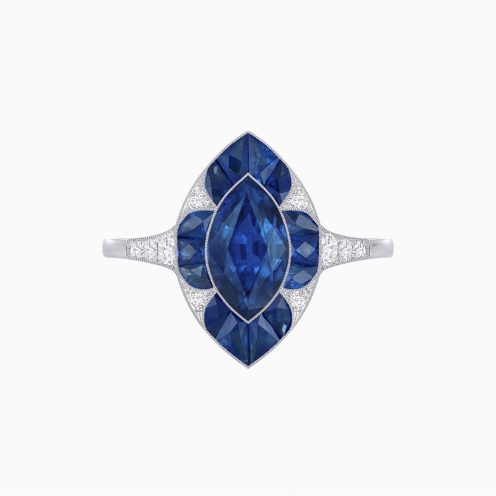 Art Deco Inspired Marquise Cut Calibré Gemstone Halo Ring - Shahin Jewelry