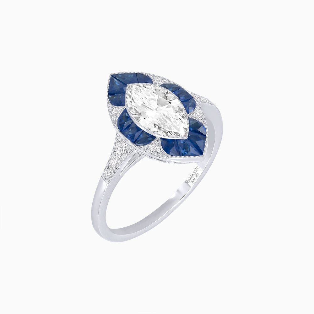 Art Deco Inspired Marquise Cut Calibré Gemstone Halo Ring - Shahin Jewelry