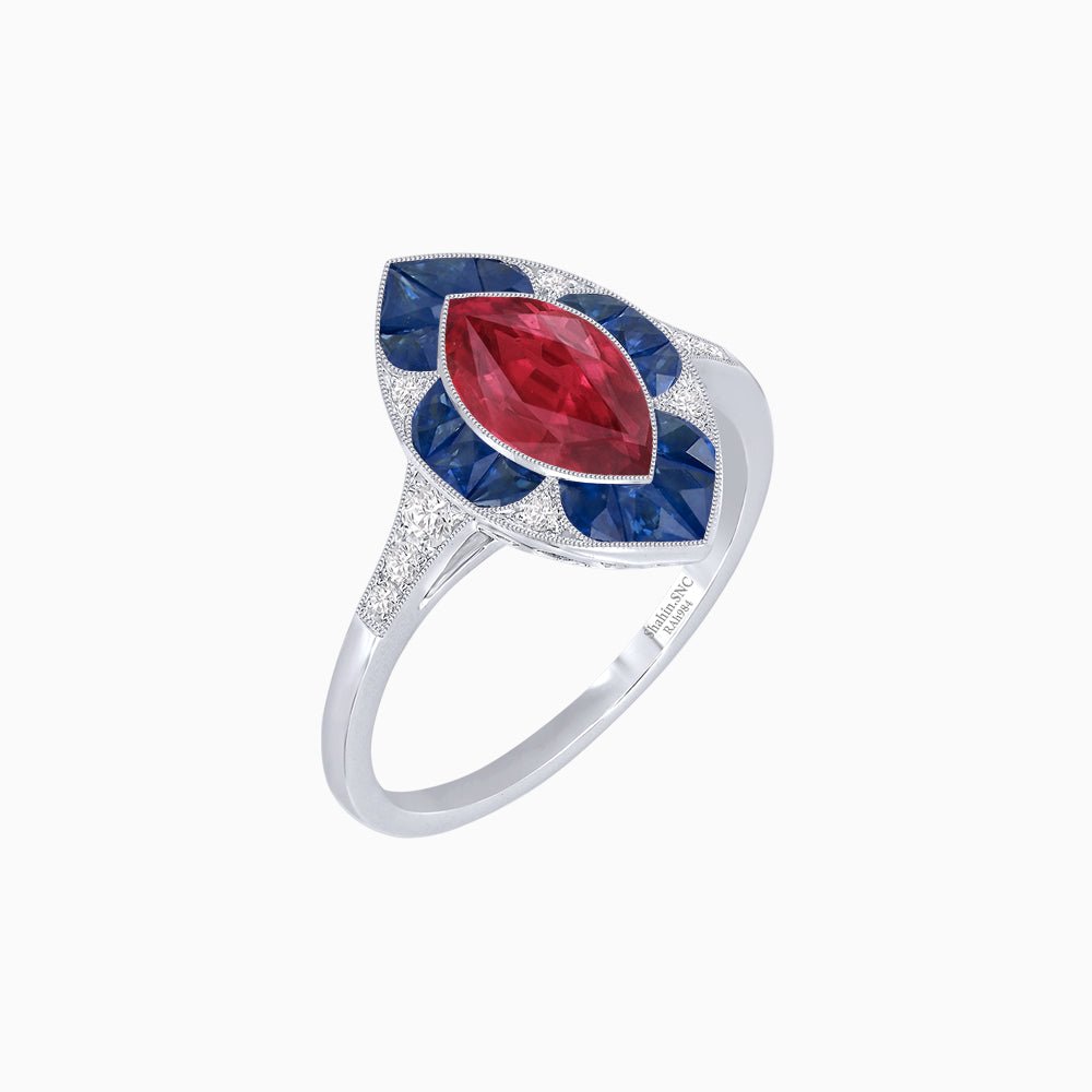 Art Deco Inspired Marquise Cut Calibré Gemstone Halo Ring - Shahin Jewelry