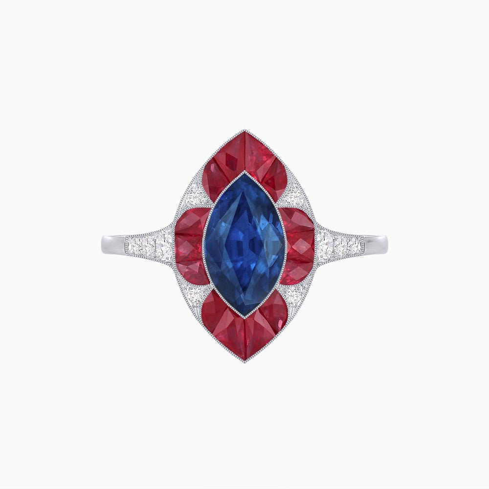 Art Deco Inspired Marquise Cut Calibré Gemstone Halo Ring - Shahin Jewelry