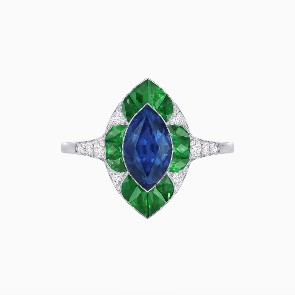 Art Deco Inspired Marquise Cut Calibré Gemstone Halo Ring - Shahin Jewelry