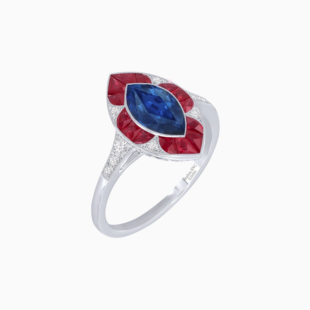 Art Deco Inspired Marquise Cut Calibré Gemstone Halo Ring - Shahin Jewelry
