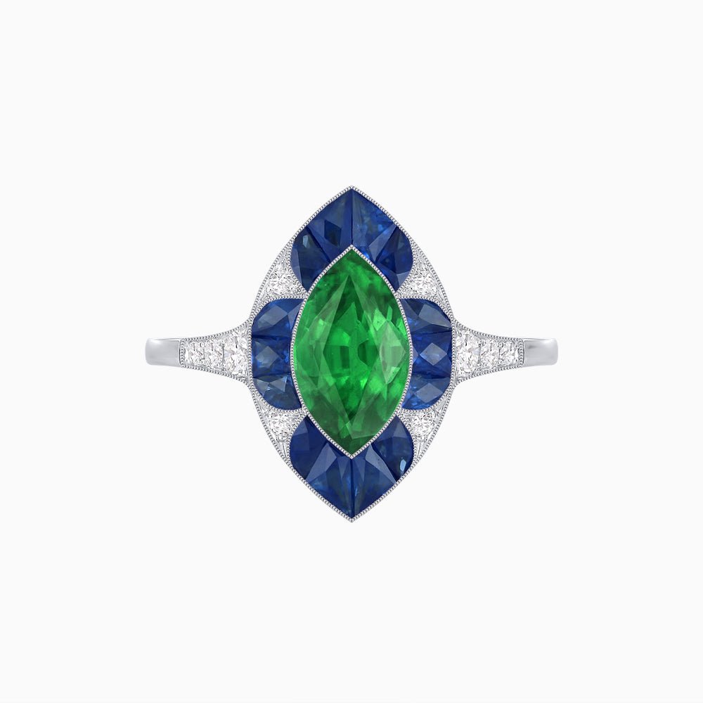 Art Deco Inspired Marquise Cut Calibré Gemstone Halo Ring - Shahin Jewelry