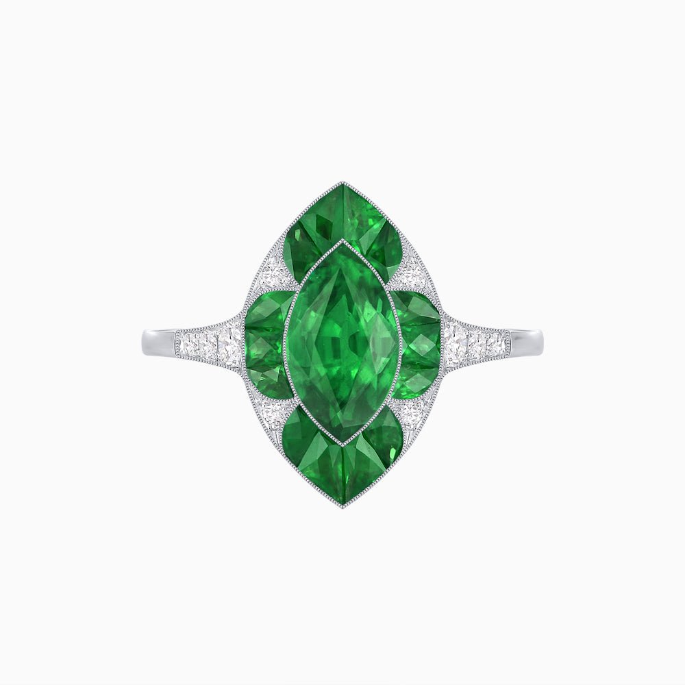Art Deco Inspired Marquise Cut Calibré Gemstone Halo Ring - Shahin Jewelry