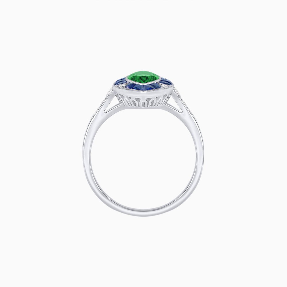 Art Deco Inspired Marquise Cut Calibré Gemstone Halo Ring - Shahin Jewelry