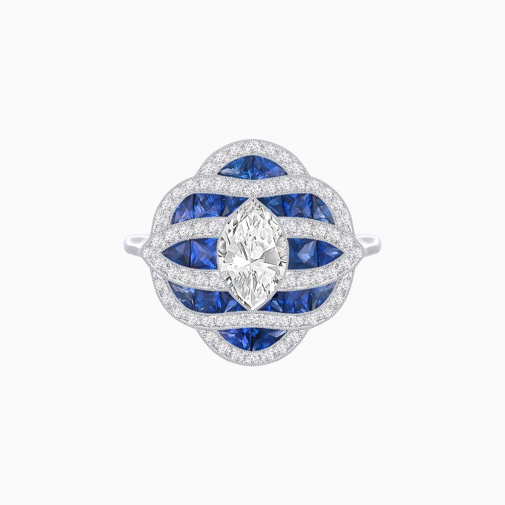 Art Deco Inspired Marquise Cut Sea Wave Design Gemstone Ring - Shahin Jewelry
