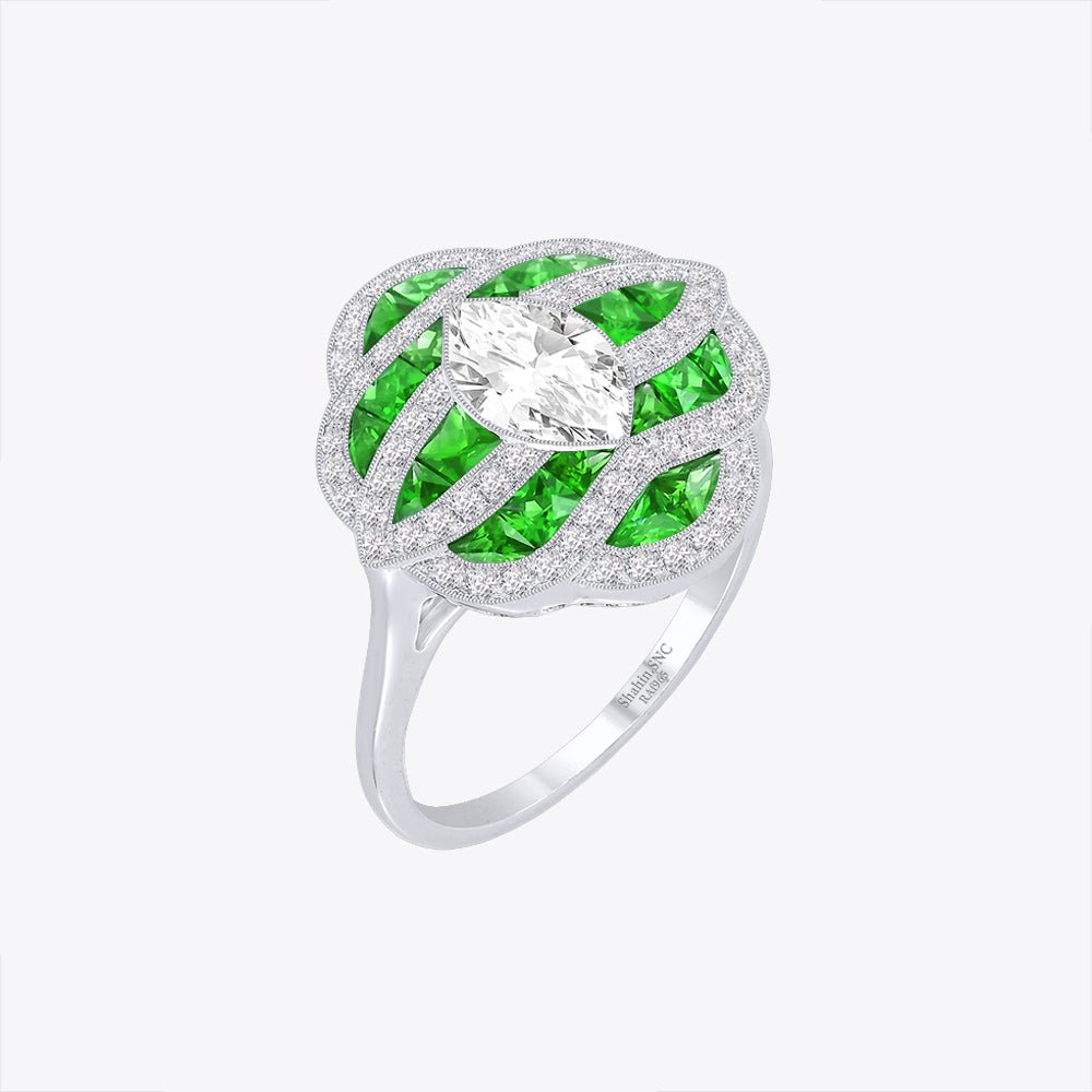 Art Deco Inspired Marquise Cut Sea Wave Design Gemstone Ring - Shahin Jewelry