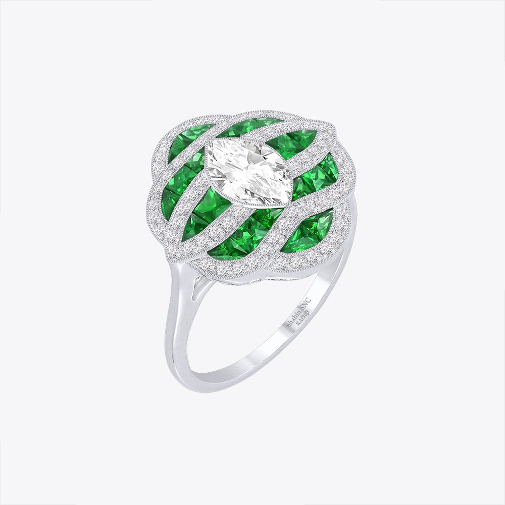Art Deco Inspired Marquise Cut Sea Wave Design Gemstone Ring - Shahin Jewelry