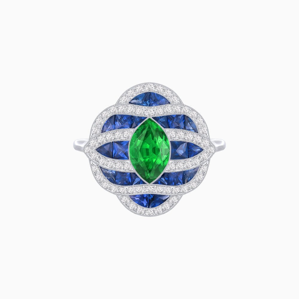 Art Deco Inspired Marquise Cut Sea Wave Design Gemstone Ring - Shahin Jewelry