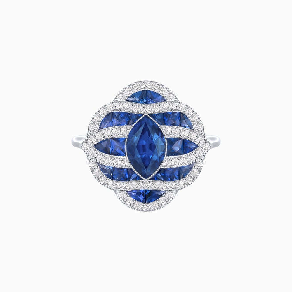 Art Deco Inspired Marquise Cut Sea Wave Design Gemstone Ring - Shahin Jewelry