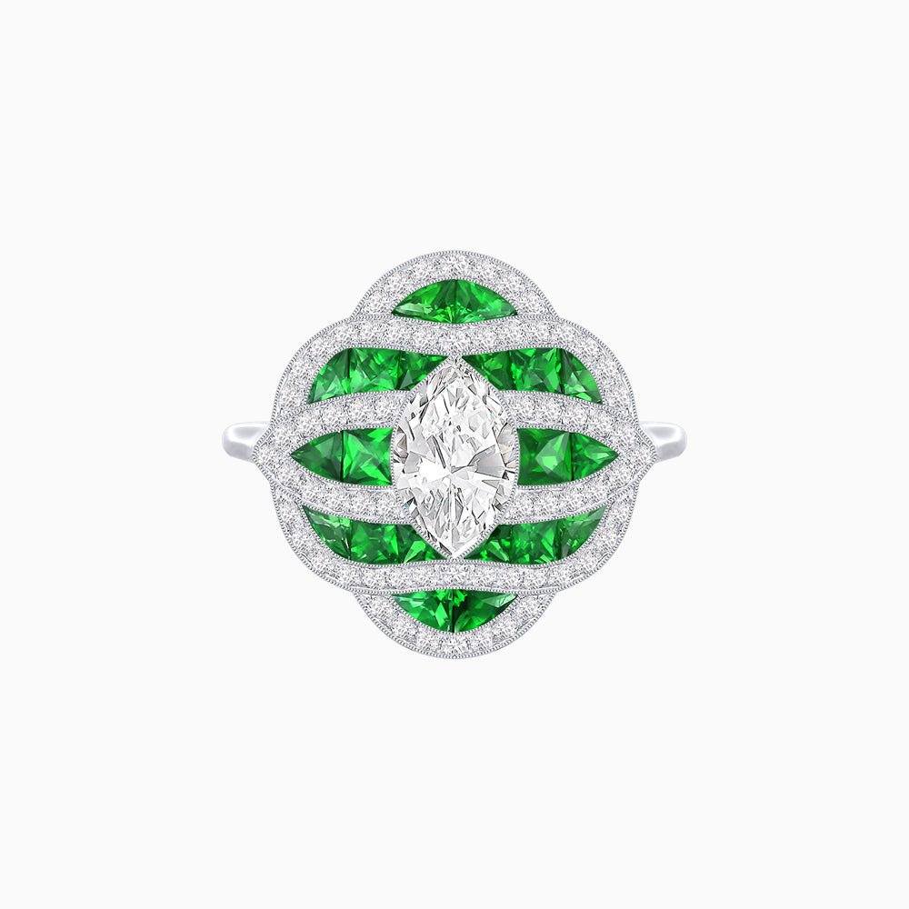 Art Deco Inspired Marquise Cut Sea Wave Design Gemstone Ring - Shahin Jewelry