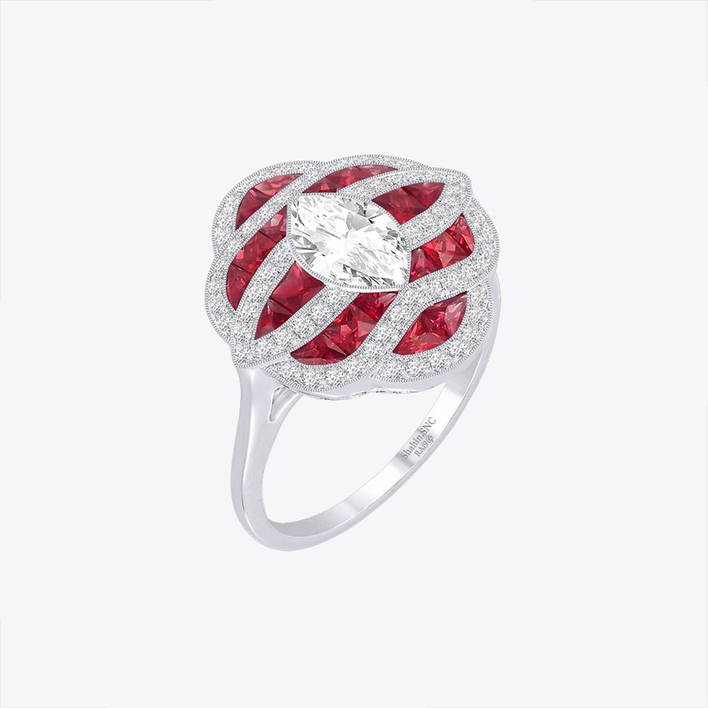 Art Deco Inspired Marquise Cut Sea Wave Design Gemstone Ring - Shahin Jewelry