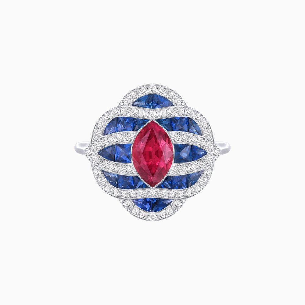 Art Deco Inspired Marquise Cut Sea Wave Design Gemstone Ring - Shahin Jewelry