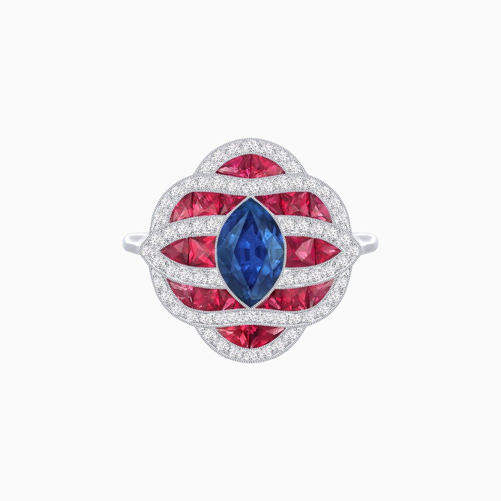Art Deco Inspired Marquise Cut Sea Wave Design Gemstone Ring - Shahin Jewelry
