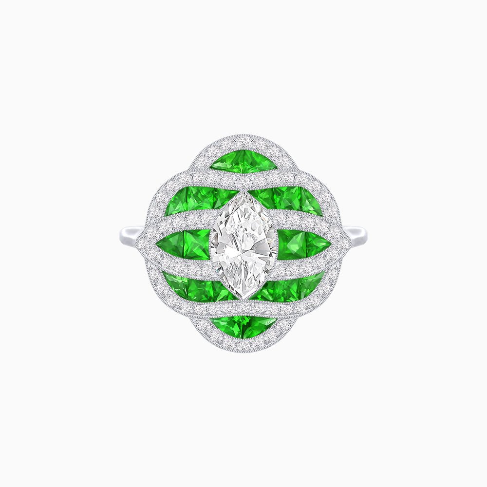 Art Deco Inspired Marquise Cut Sea Wave Design Gemstone Ring - Shahin Jewelry