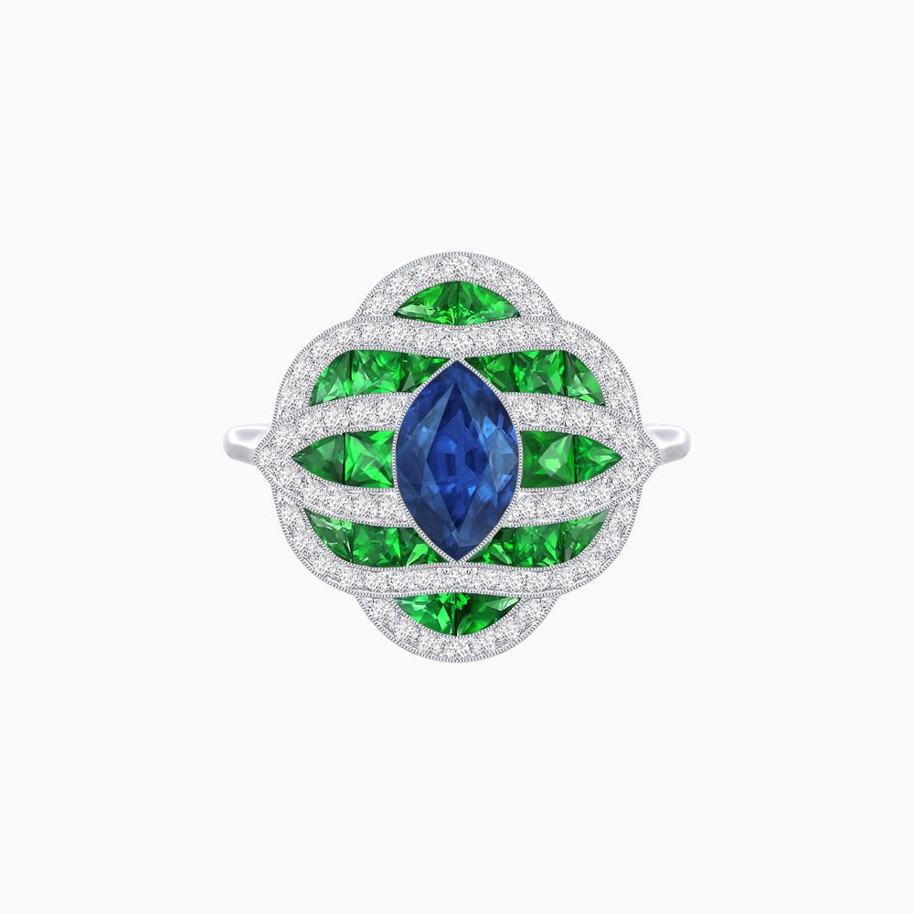 Art Deco Inspired Marquise Cut Sea Wave Design Gemstone Ring - Shahin Jewelry
