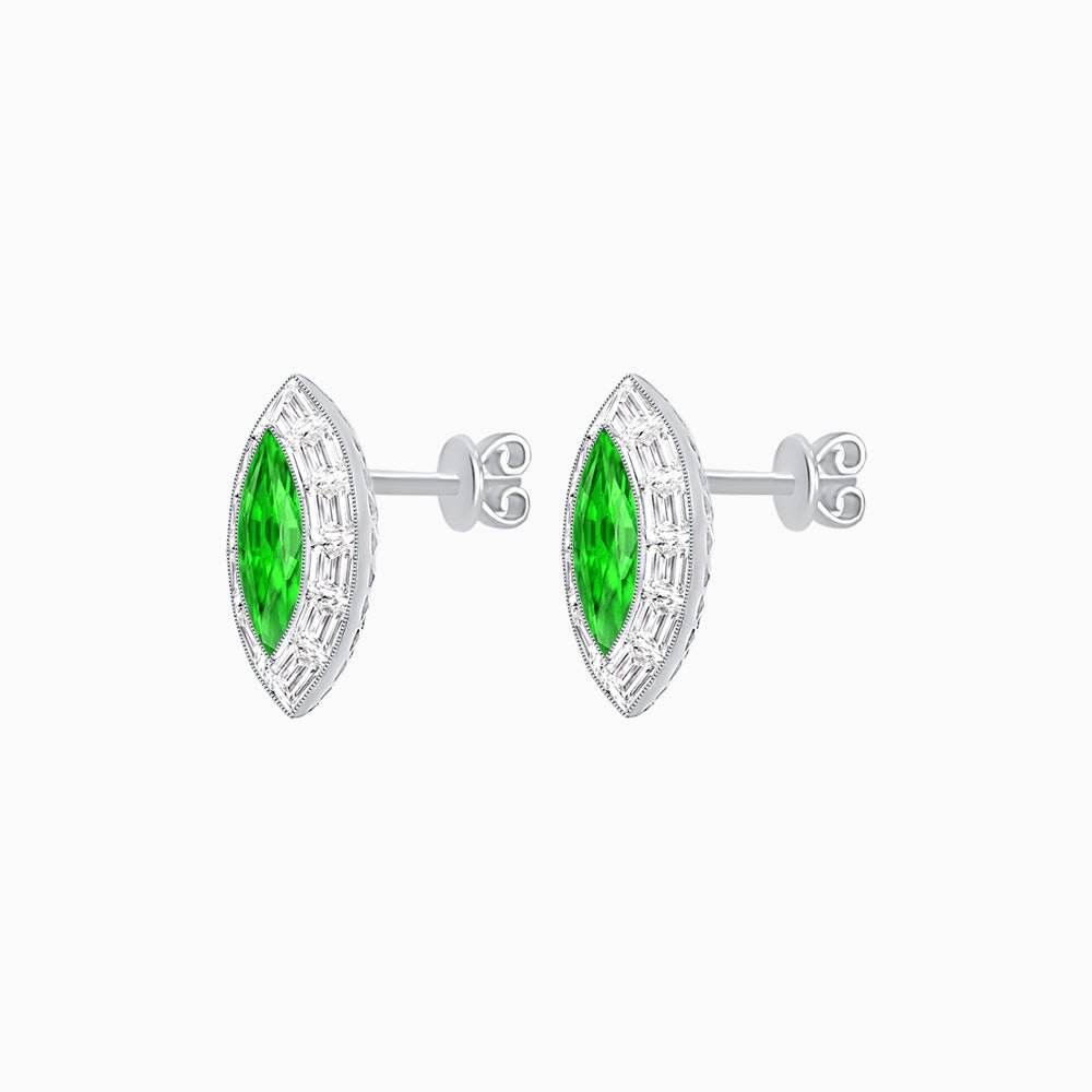 Art Deco Inspired Marquise Cut Stud Earrings with Baguette Diamond Halo - Shahin Jewelry