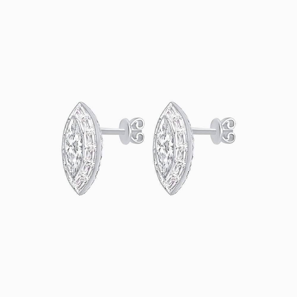 Art Deco Inspired Marquise Cut Stud Earrings with Baguette Diamond Halo - Shahin Jewelry