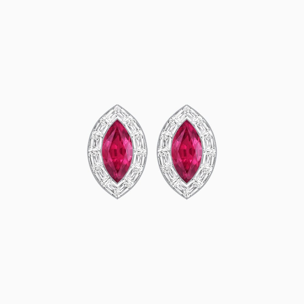 Art Deco Inspired Marquise Cut Stud Earrings with Baguette Diamond Halo - Shahin Jewelry