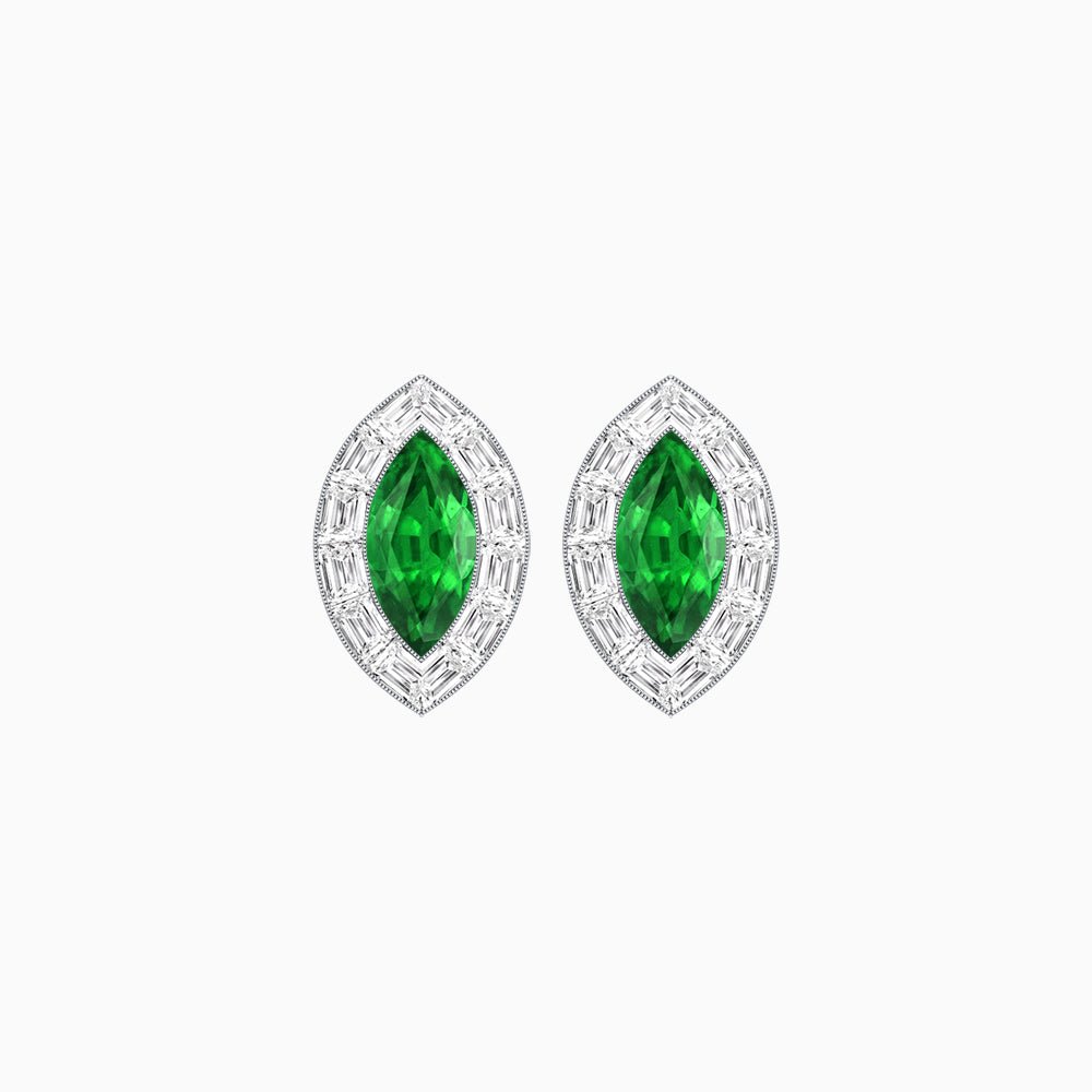 Art Deco Inspired Marquise Cut Stud Earrings with Baguette Diamond Halo - Shahin Jewelry