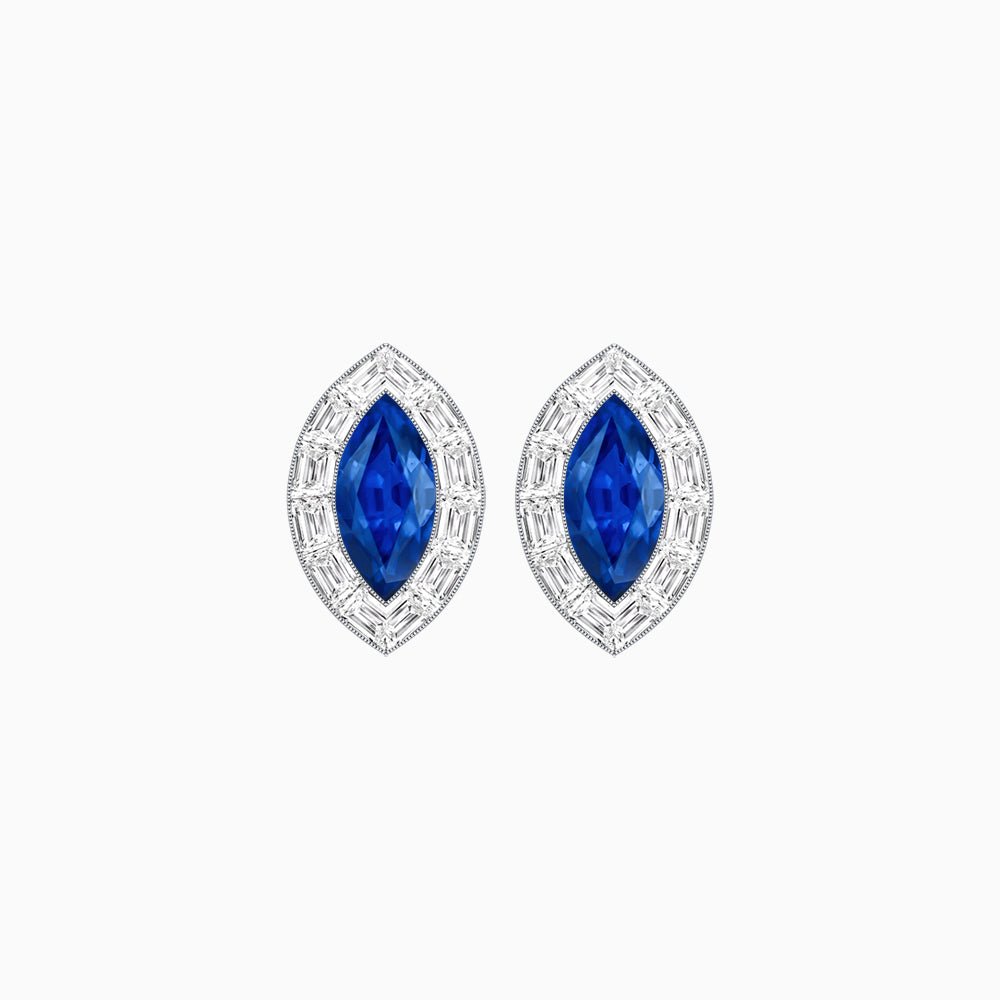Art Deco Inspired Marquise Cut Stud Earrings with Baguette Diamond Halo - Shahin Jewelry