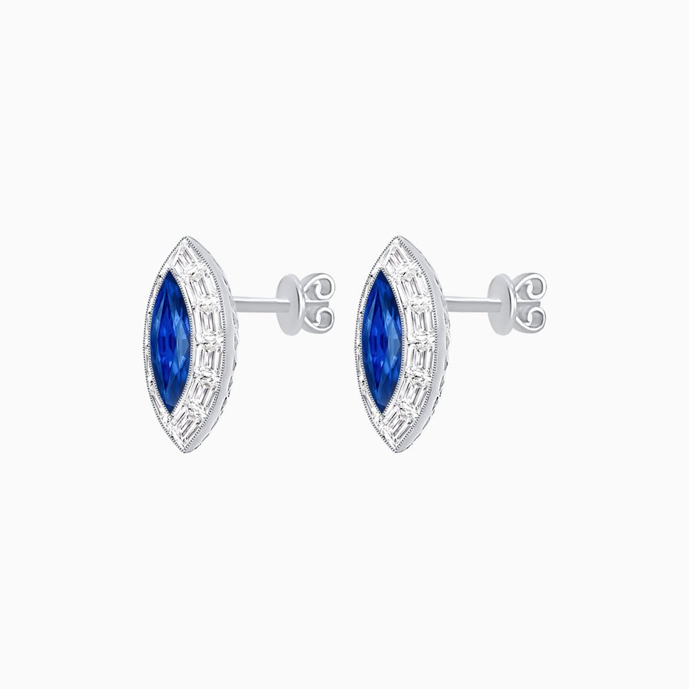Art Deco Inspired Marquise Cut Stud Earrings with Baguette Diamond Halo - Shahin Jewelry