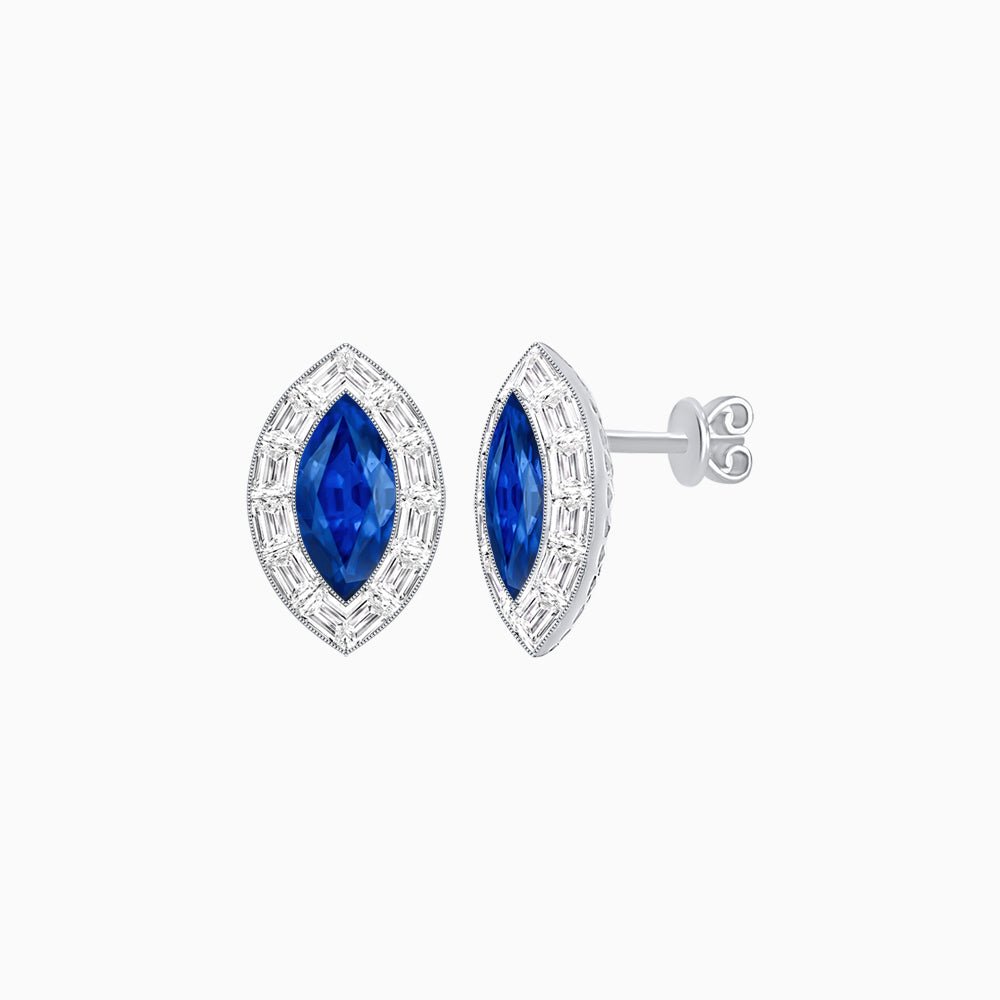 Art Deco Inspired Marquise Cut Stud Earrings with Baguette Diamond Halo - Shahin Jewelry