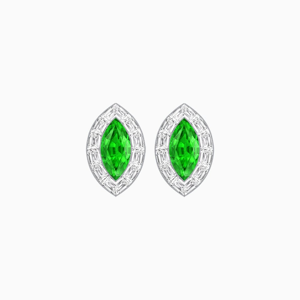 Art Deco Inspired Marquise Cut Stud Earrings with Baguette Diamond Halo - Shahin Jewelry