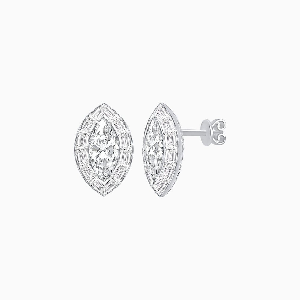 Art Deco Inspired Marquise Cut Stud Earrings with Baguette Diamond Halo - Shahin Jewelry