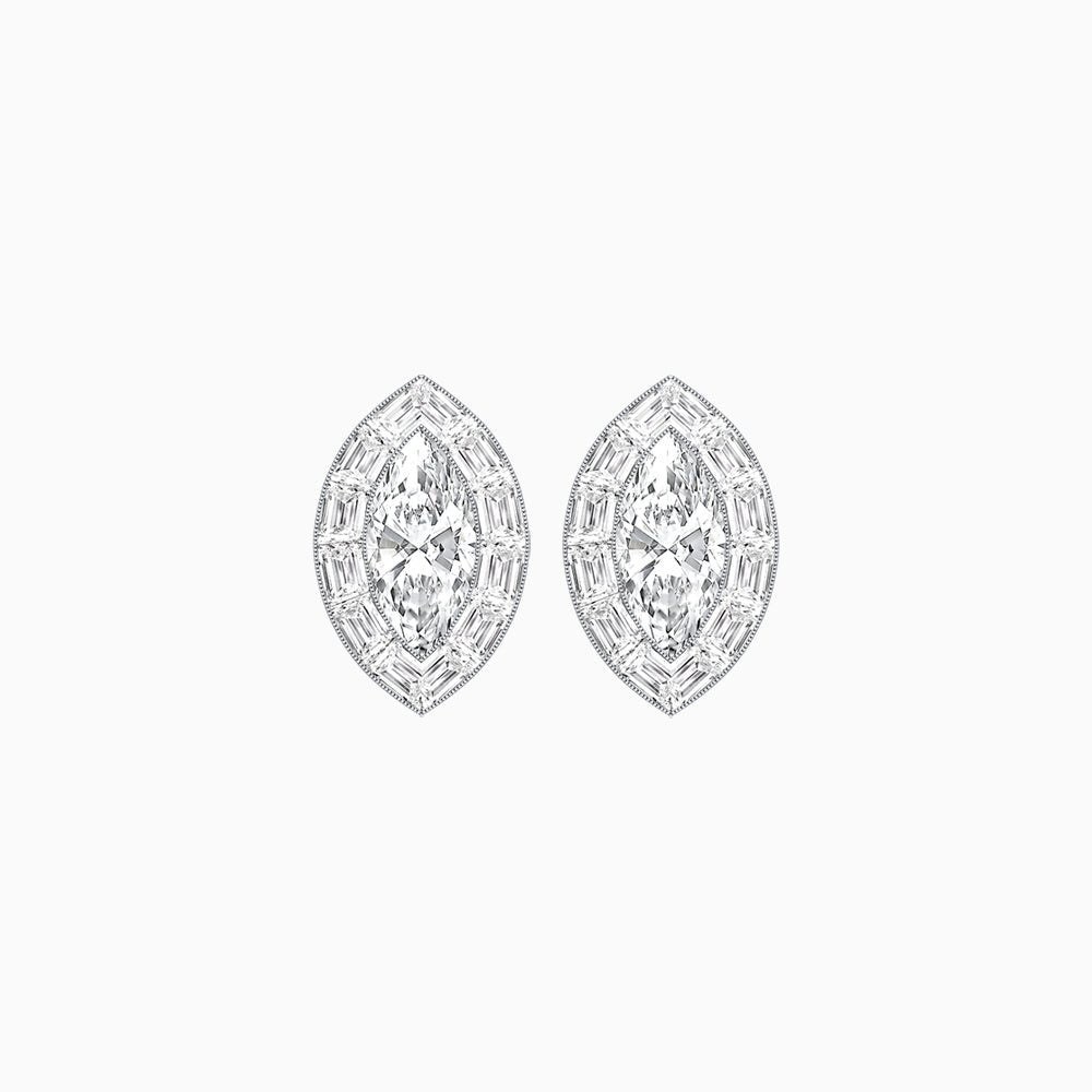 Art Deco Inspired Marquise Cut Stud Earrings with Baguette Diamond Halo - Shahin Jewelry