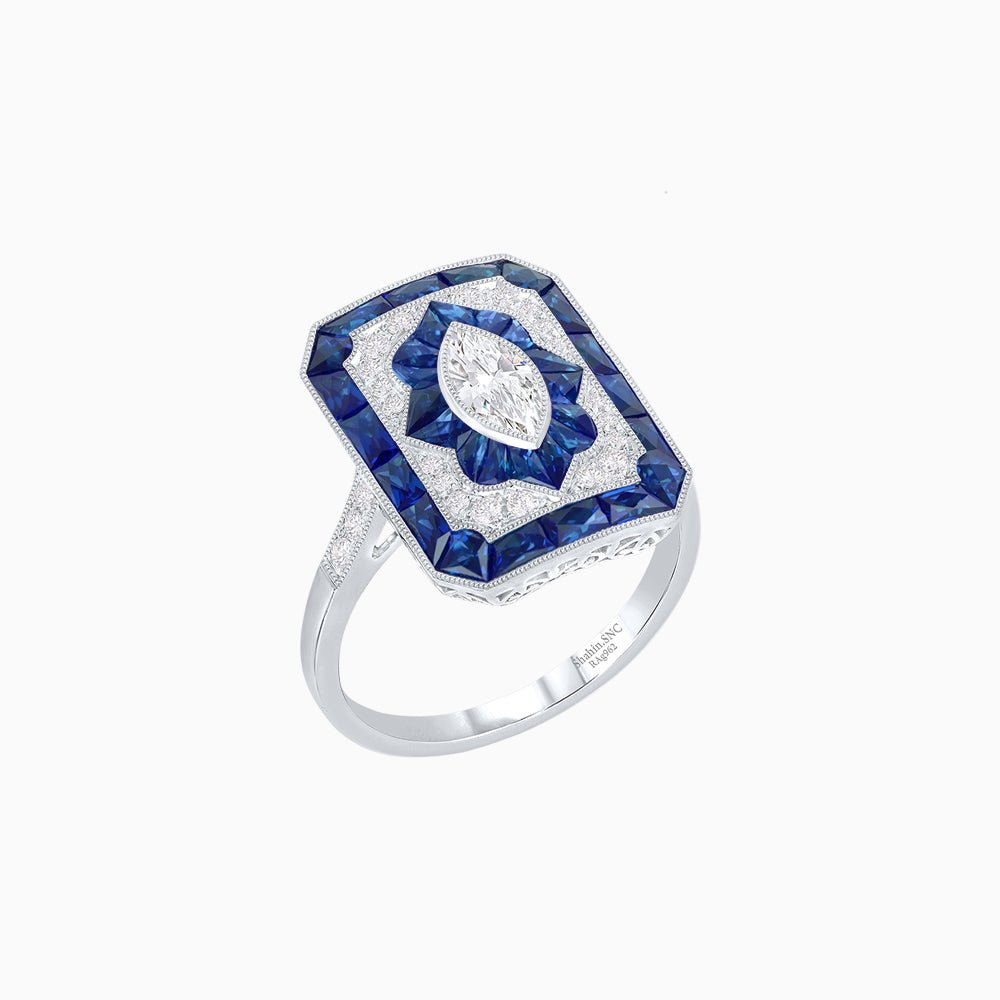 Art Deco Inspired Marquise Halo Ring with Customizable French - Cut Gemstone Accents - Shahin Jewelry