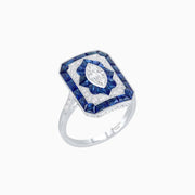 Art Deco Inspired Marquise Halo Ring with Customizable French - Cut Gemstone Accents - Shahin Jewelry