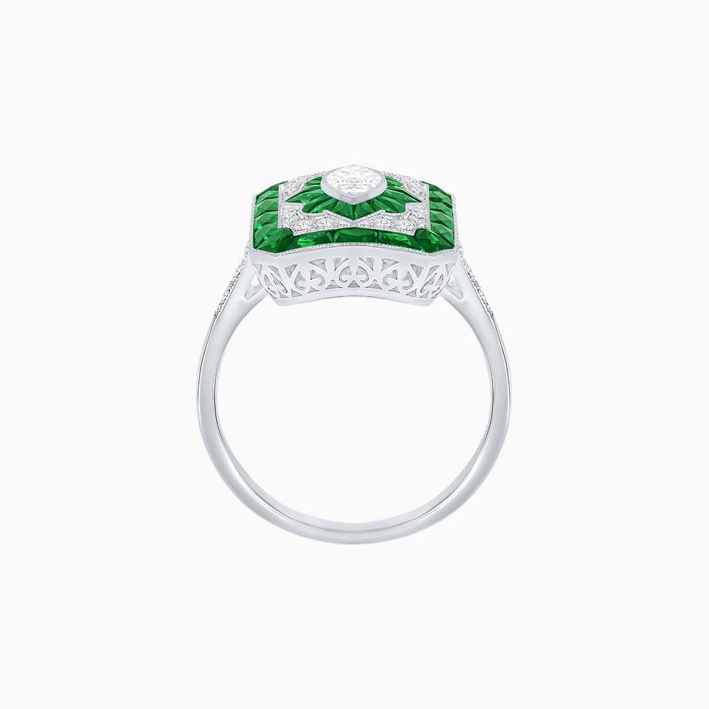 Art Deco Inspired Marquise Halo Ring with Customizable French - Cut Gemstone Accents - Shahin Jewelry