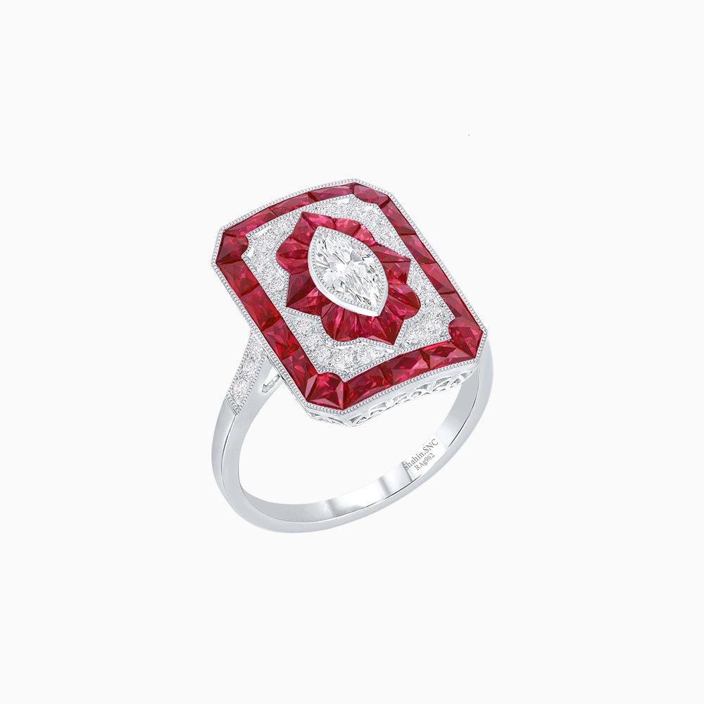 Art Deco Inspired Marquise Halo Ring with Customizable French - Cut Gemstone Accents - Shahin Jewelry