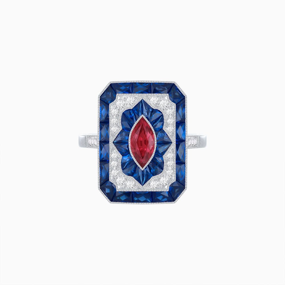 Art Deco Inspired Marquise Halo Ring with Customizable French - Cut Gemstone Accents - Shahin Jewelry