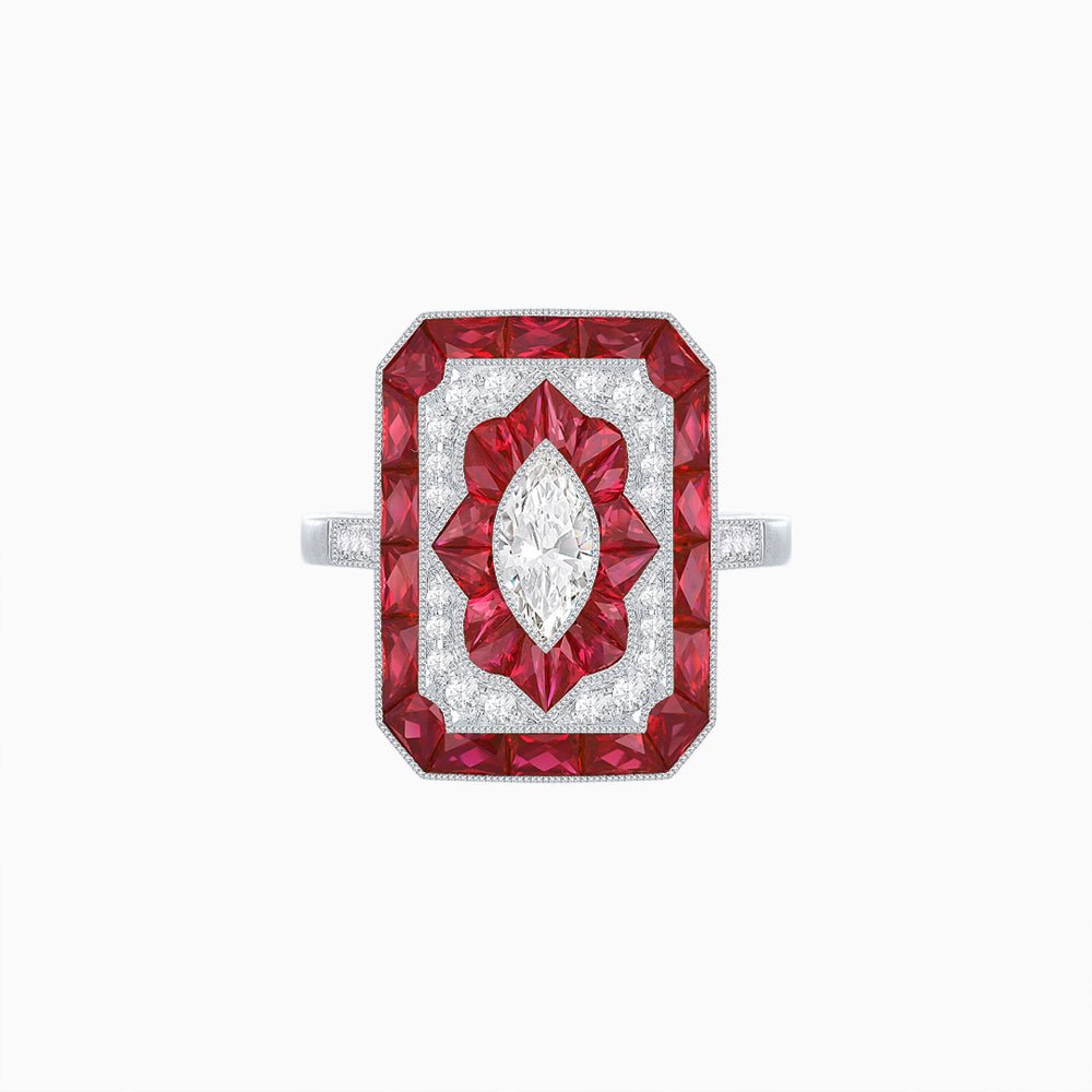 Art Deco Inspired Marquise Halo Ring with Customizable French - Cut Gemstone Accents - Shahin Jewelry