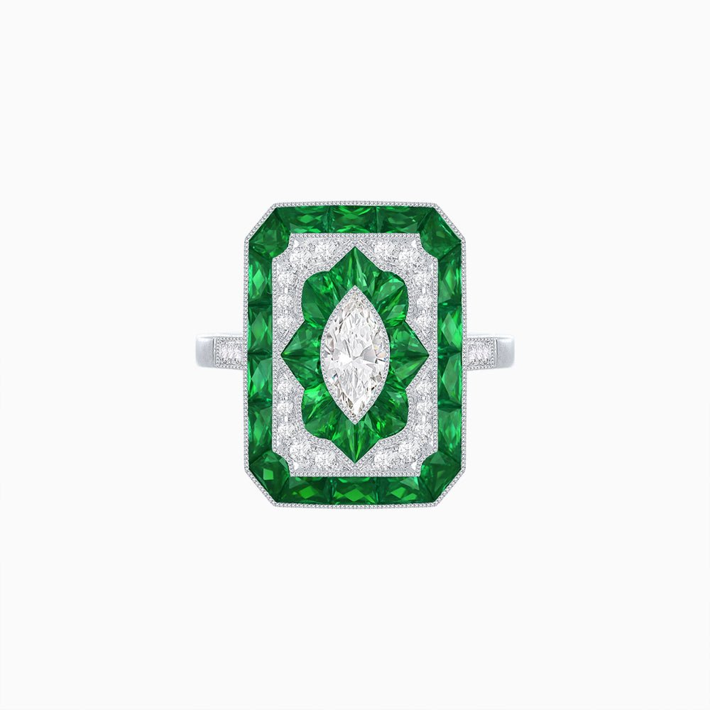 Art Deco Inspired Marquise Halo Ring with Customizable French - Cut Gemstone Accents - Shahin Jewelry