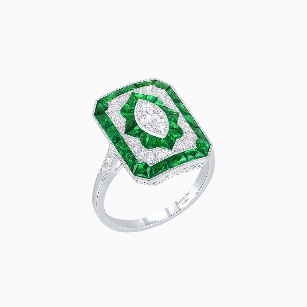 Art Deco Inspired Marquise Halo Ring with Customizable French - Cut Gemstone Accents - Shahin Jewelry