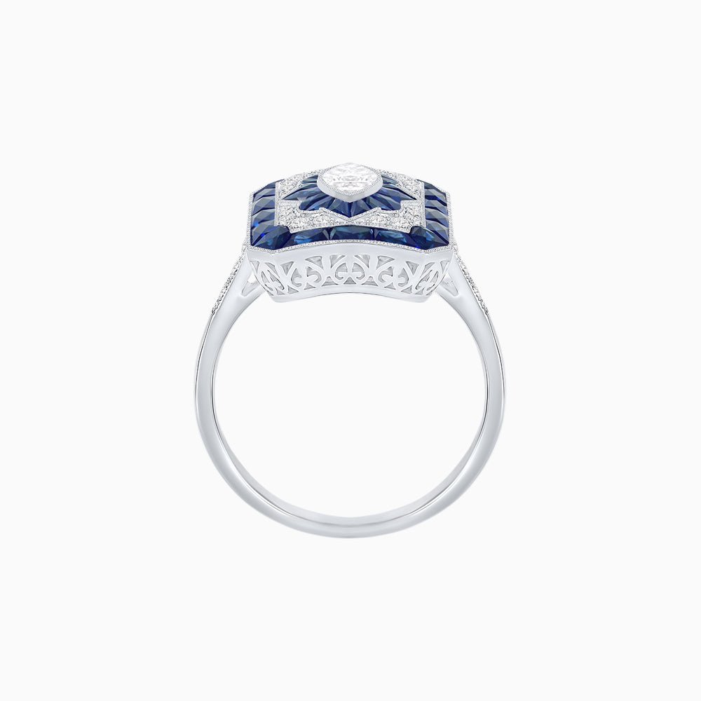 Art Deco Inspired Marquise Halo Ring with Customizable French - Cut Gemstone Accents - Shahin Jewelry