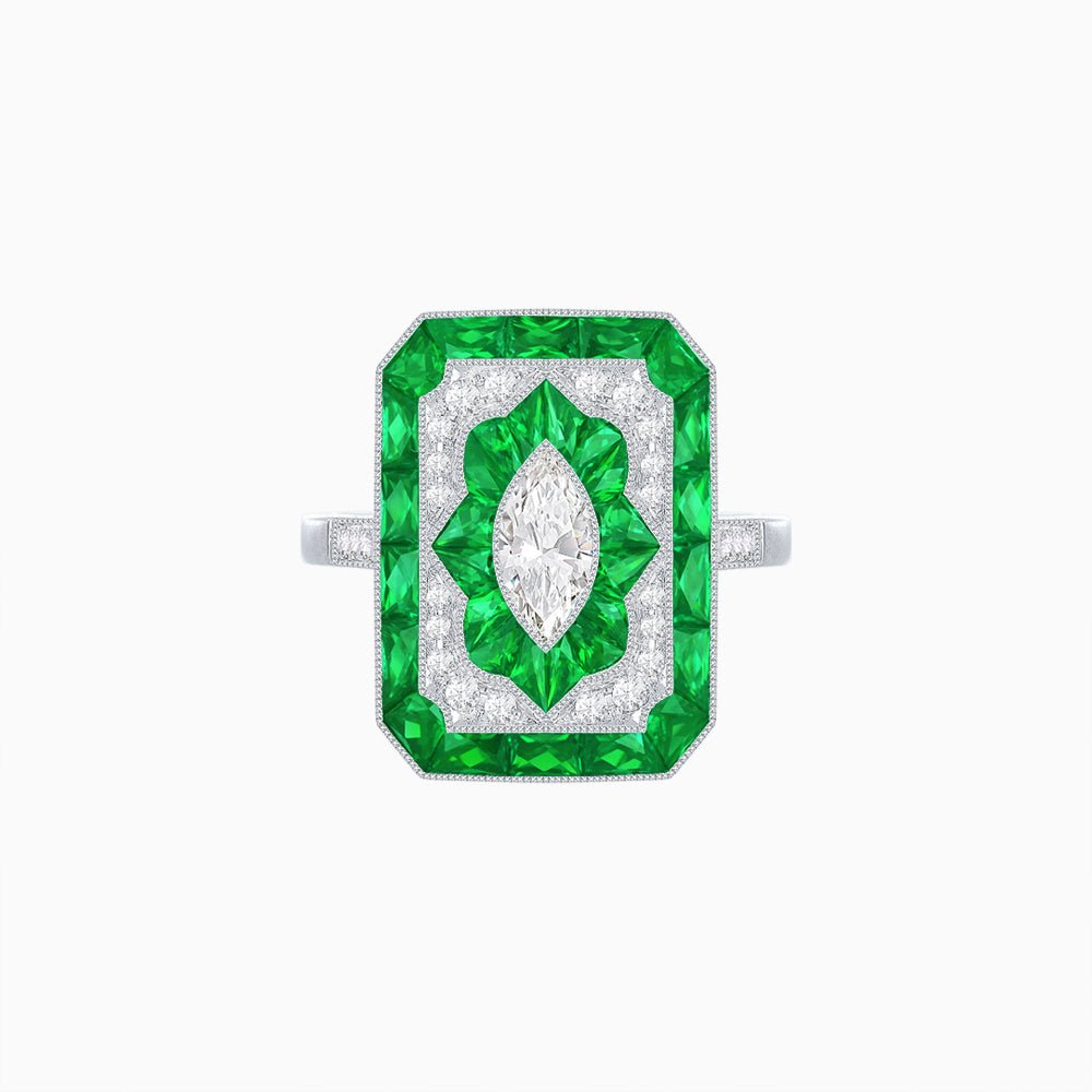 Art Deco Inspired Marquise Halo Ring with Customizable French - Cut Gemstone Accents - Shahin Jewelry