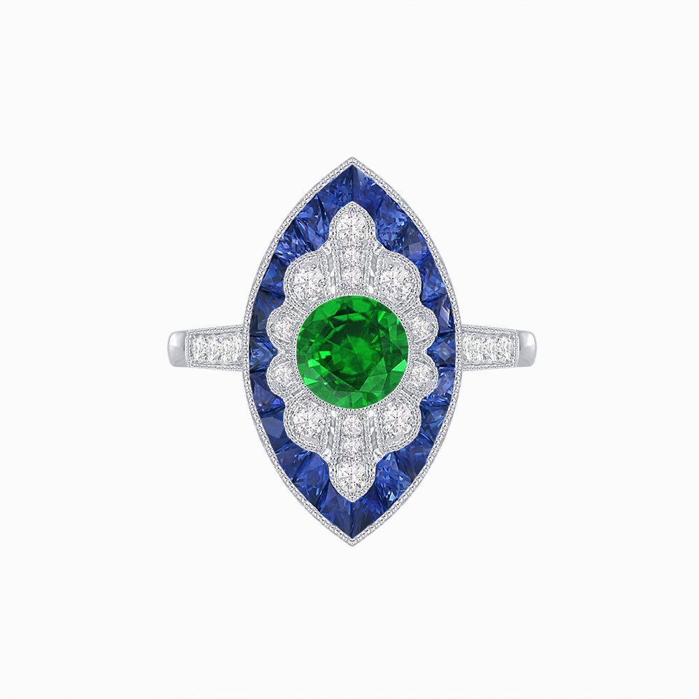Art Deco-Inspired Marquise Halo Ring with Scalloped Diamond Motif Custom Center Stone | Sculptural Elegance | Vintage-Inspired Craftsmanship - Shahin Jewelry