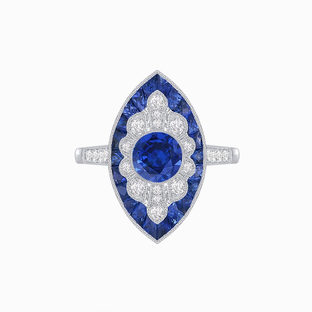 Art Deco-Inspired Marquise Halo Ring with Scalloped Diamond Motif Custom Center Stone | Sculptural Elegance | Vintage-Inspired Craftsmanship - Shahin Jewelry