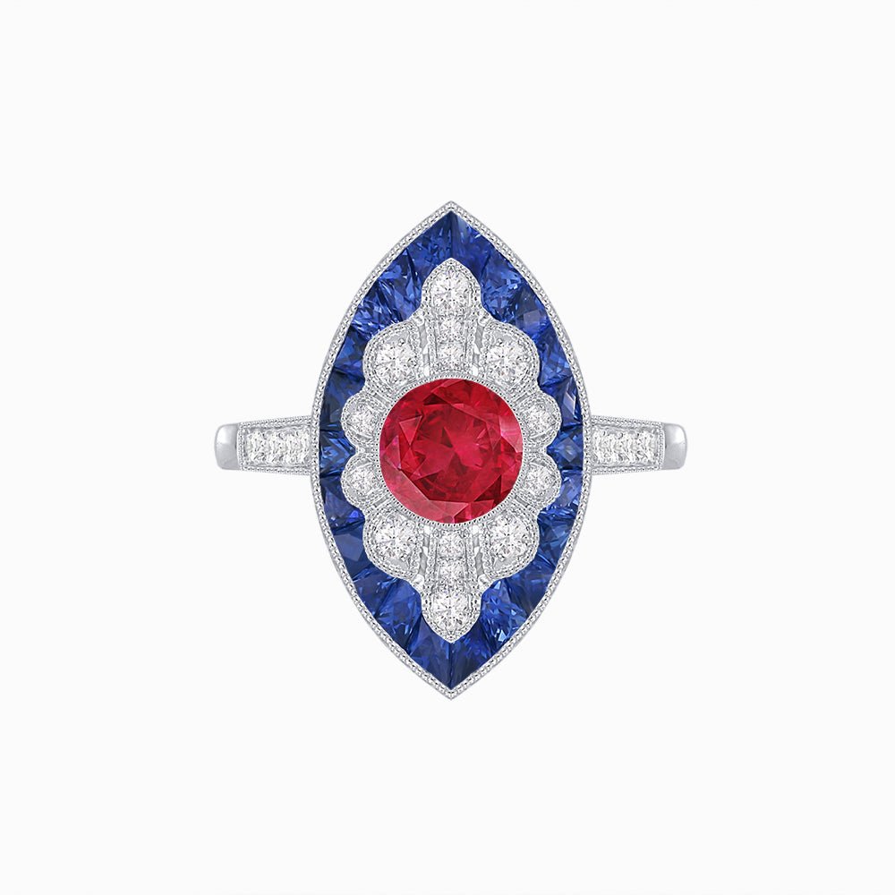 Art Deco-Inspired Marquise Halo Ring with Scalloped Diamond Motif Custom Center Stone | Sculptural Elegance | Vintage-Inspired Craftsmanship - Shahin Jewelry