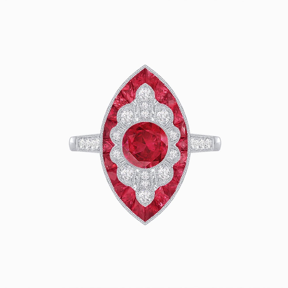 Art Deco-Inspired Marquise Halo Ring with Scalloped Diamond Motif Custom Center Stone | Sculptural Elegance | Vintage-Inspired Craftsmanship - Shahin Jewelry