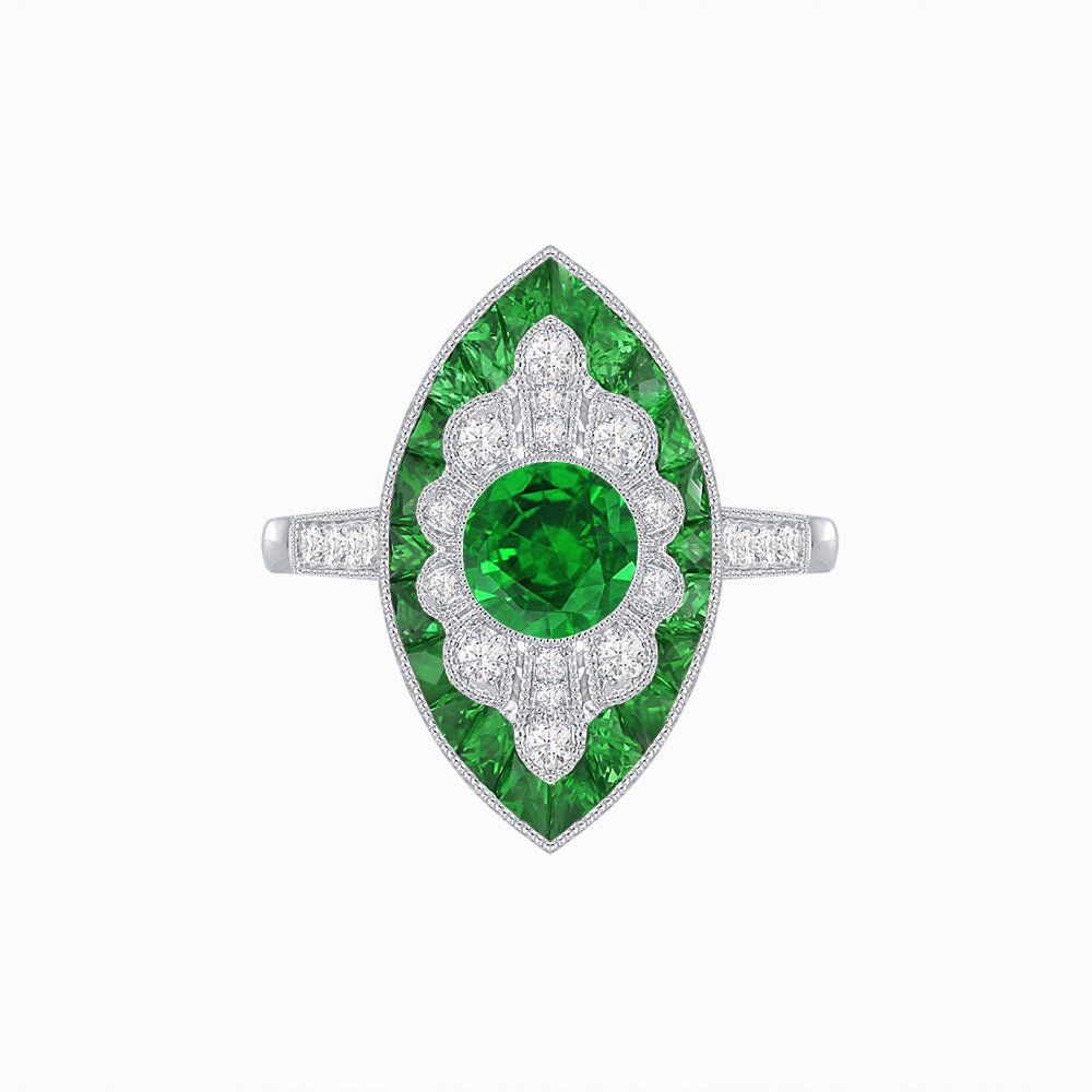 Art Deco-Inspired Marquise Halo Ring with Scalloped Diamond Motif Custom Center Stone | Sculptural Elegance | Vintage-Inspired Craftsmanship - Shahin Jewelry