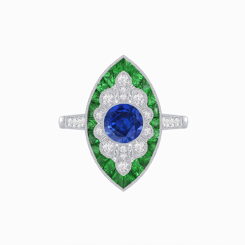 Art Deco-Inspired Marquise Halo Ring with Scalloped Diamond Motif Custom Center Stone | Sculptural Elegance | Vintage-Inspired Craftsmanship - Shahin Jewelry